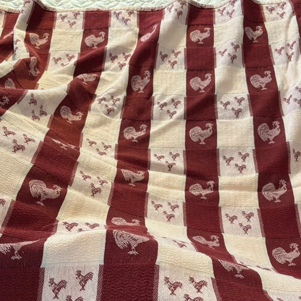 Maroon and Cream Chicken Patterned Tablecloth 80” x 51” Vintage Textured Cotton